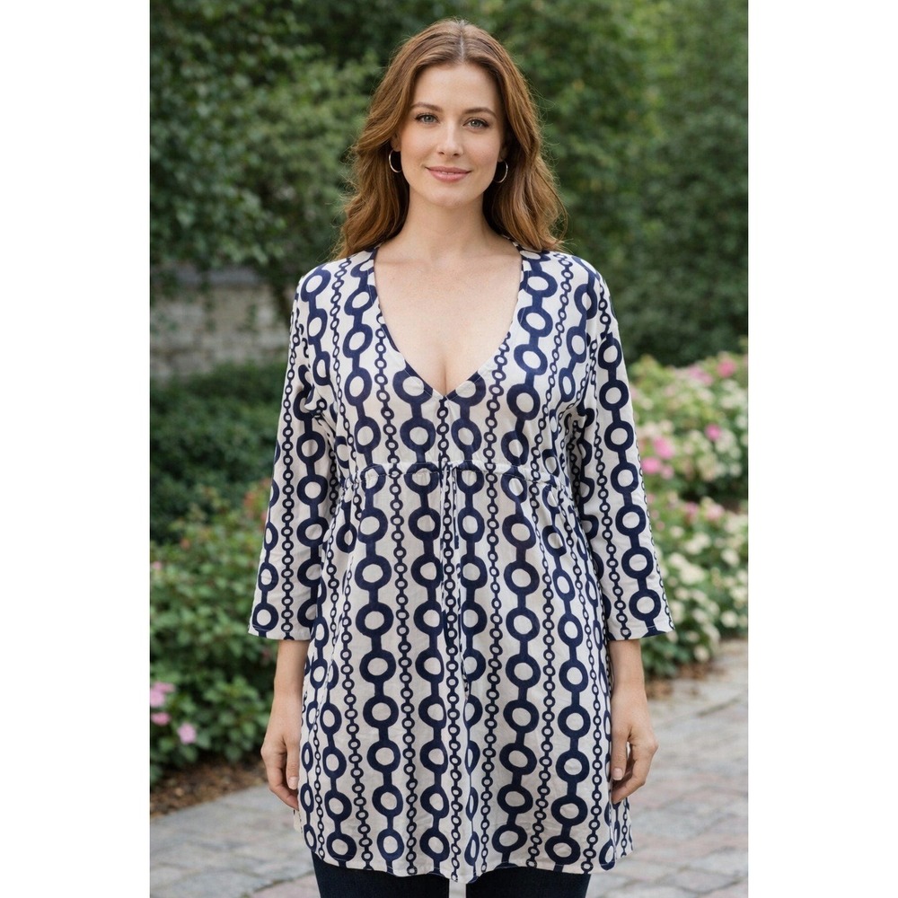 Gretchen Scott Design Top Women's Small Geometric‎ Cotton Tunic 3/4 Sleeve Artsy